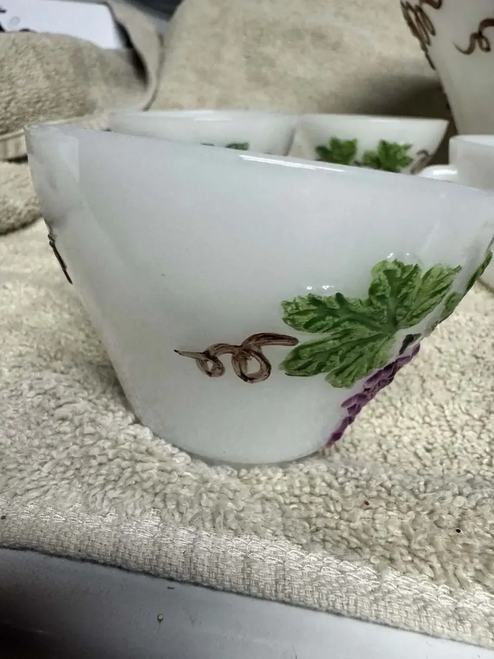 Vintage Anchor Hocking Milk Glass Grapevine Pattern Punch Bowl Set